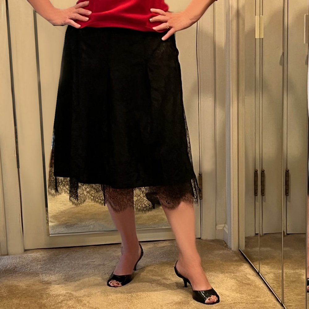 Burberry Black Lace A-line Wrap Skirt, Scalloped Edge, Size M